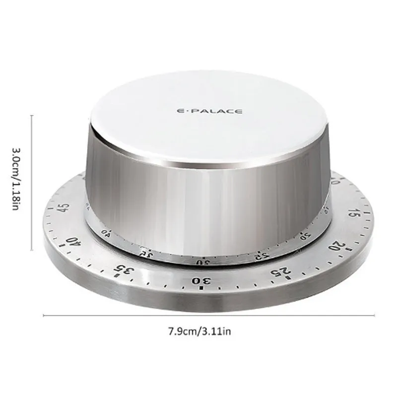 Green kitchen stainless steel mechanical timer with 60-minute dial on metal surface