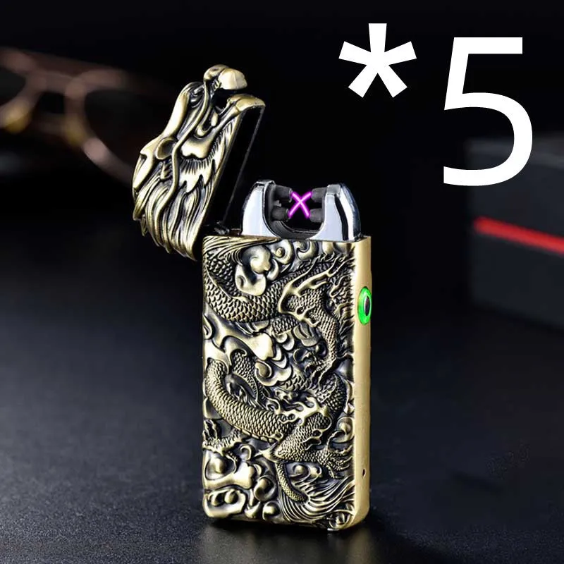 Rechargeable embossed double arc windproof lighter in black with zinc alloy body measuring 74x39x13mm