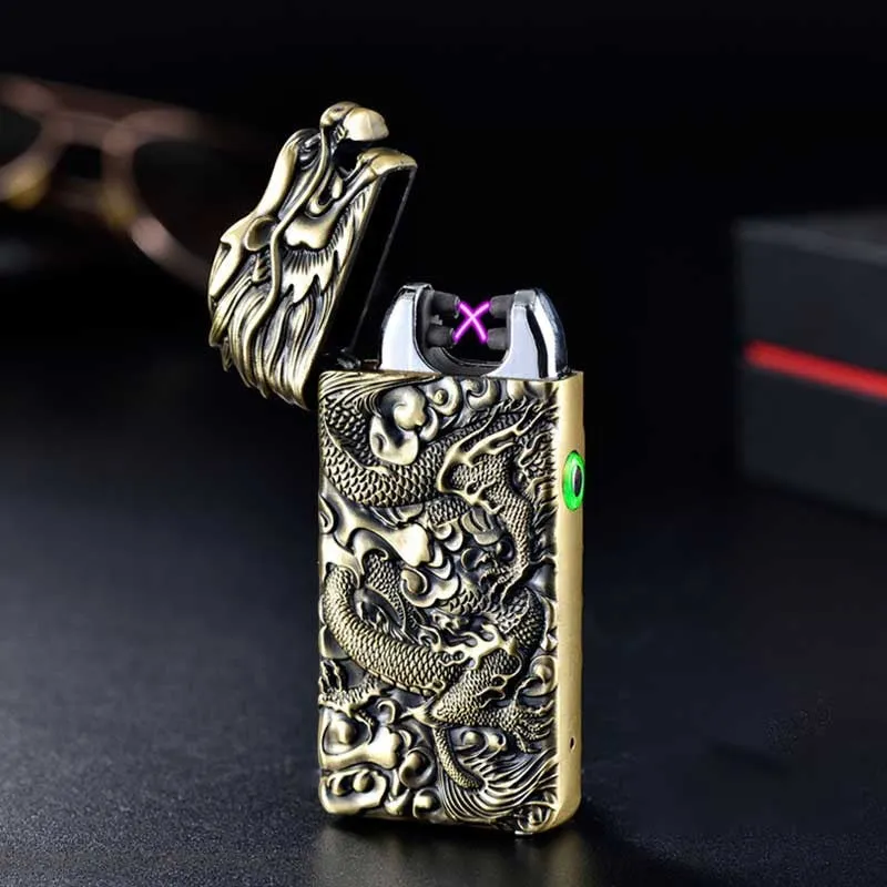 Rechargeable embossed double arc windproof lighter in black with zinc alloy body measuring 74x39x13mm