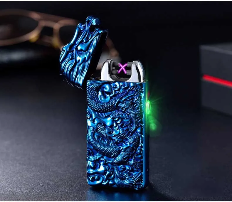 Rechargeable embossed double arc windproof lighter in black with zinc alloy body measuring 74x39x13mm
