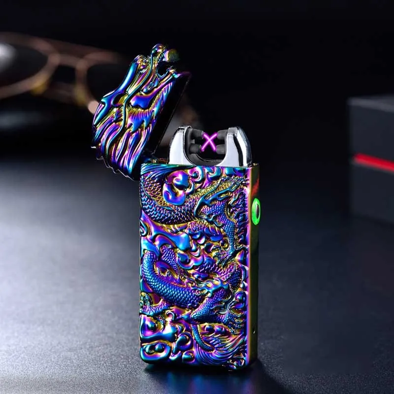Rechargeable embossed double arc windproof lighter in black with zinc alloy body measuring 74x39x13mm