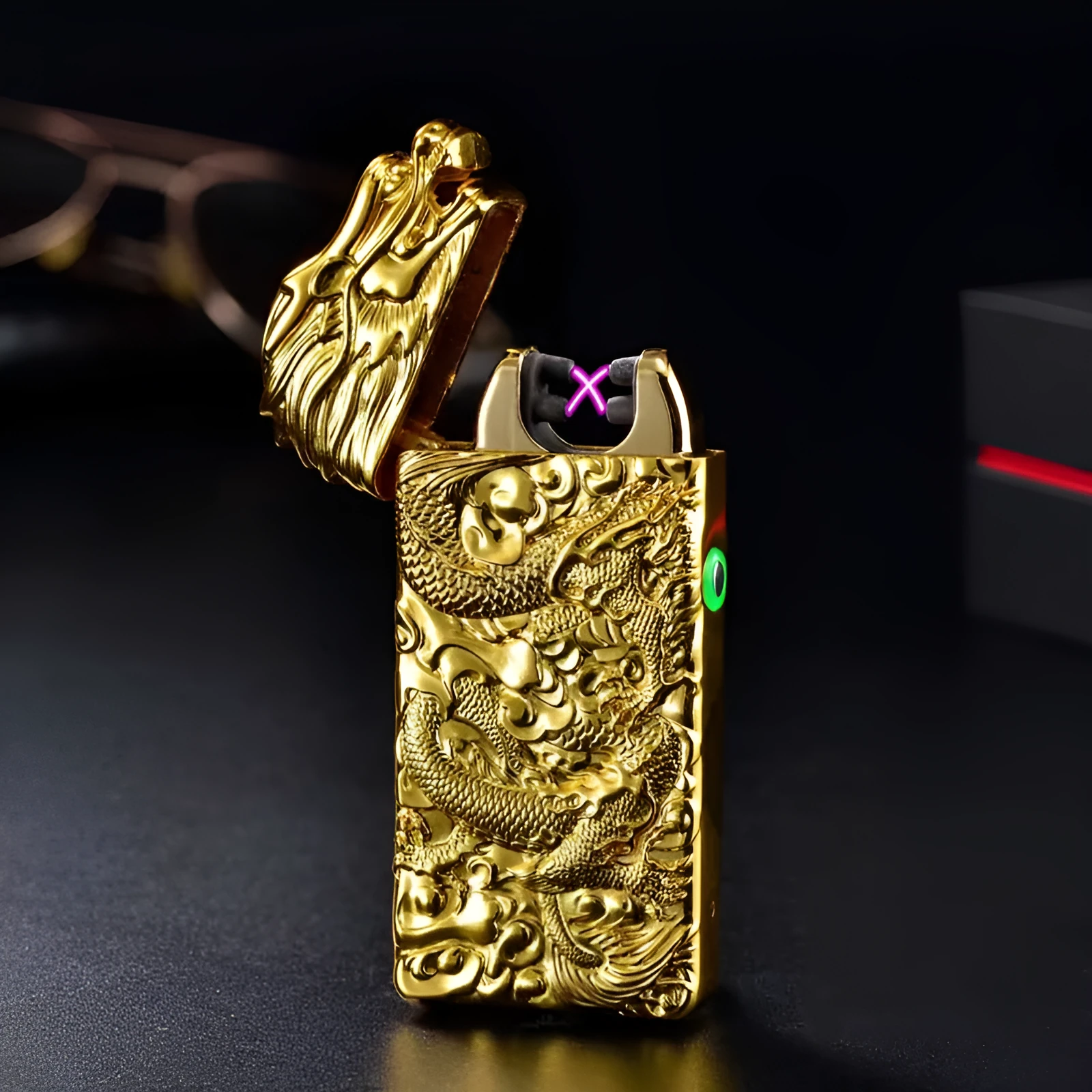 Rechargeable embossed double arc windproof lighter in black with zinc alloy body measuring 74x39x13mm