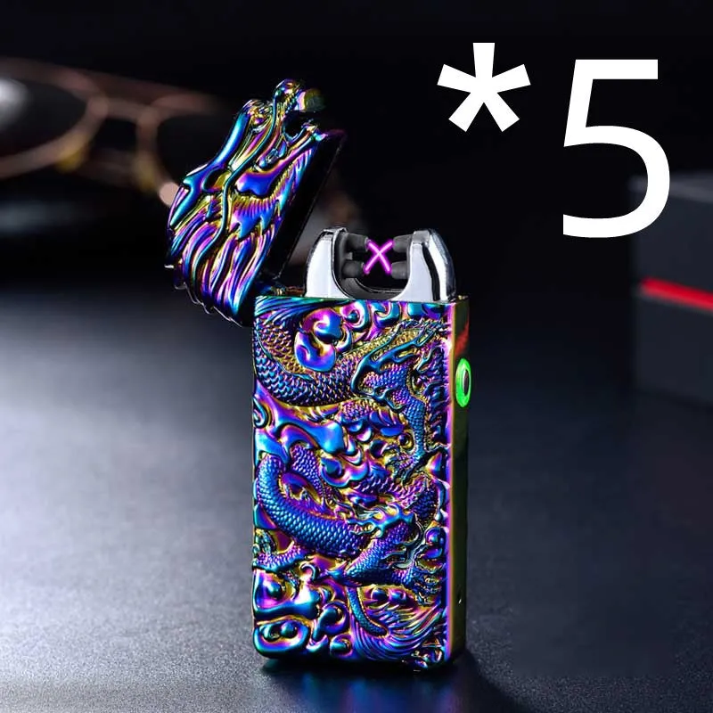 Rechargeable embossed double arc windproof lighter in black with zinc alloy body measuring 74x39x13mm