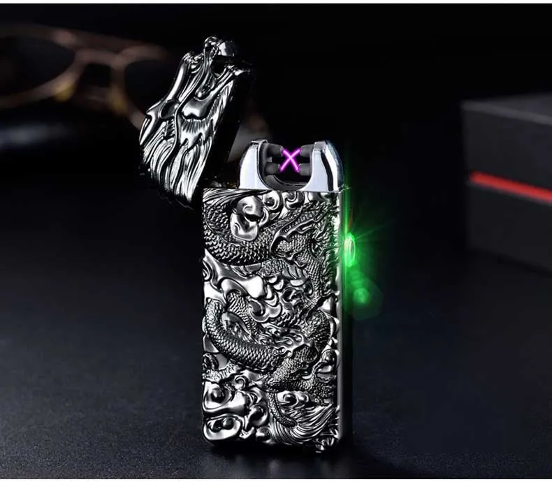 Rechargeable embossed double arc windproof lighter in black with zinc alloy body measuring 74x39x13mm