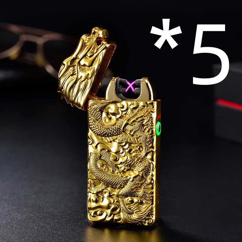 Rechargeable embossed double arc windproof lighter in black with zinc alloy body measuring 74x39x13mm