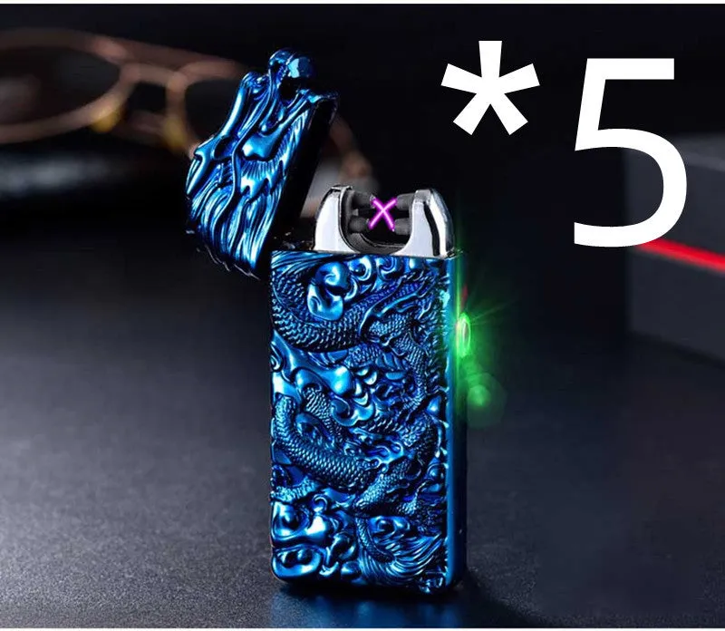 Rechargeable embossed double arc windproof lighter in black with zinc alloy body measuring 74x39x13mm