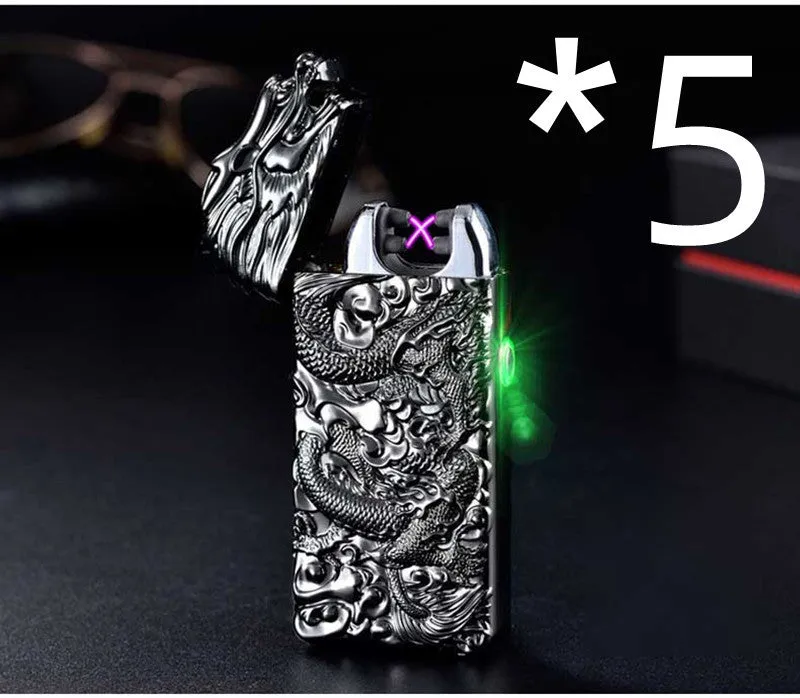 Rechargeable embossed double arc windproof lighter in black with zinc alloy body measuring 74x39x13mm