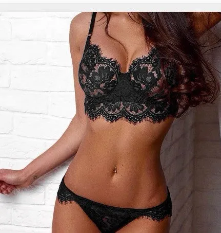 Black polyester lace lingerie set with mesh details, available in sizes M to XXXL