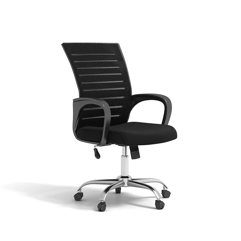 Black leather office chair with metal frame, armrests, and swivel base on a wooden floor