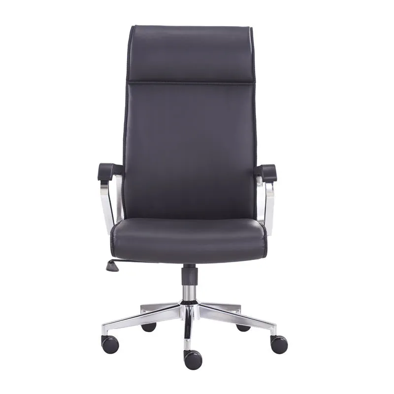 Black leather office chair with metal frame, armrests, and swivel base on a wooden floor