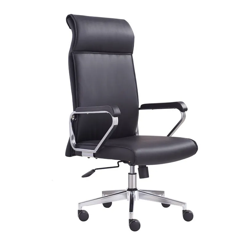 Black leather office chair with metal frame, armrests, and swivel base on a wooden floor