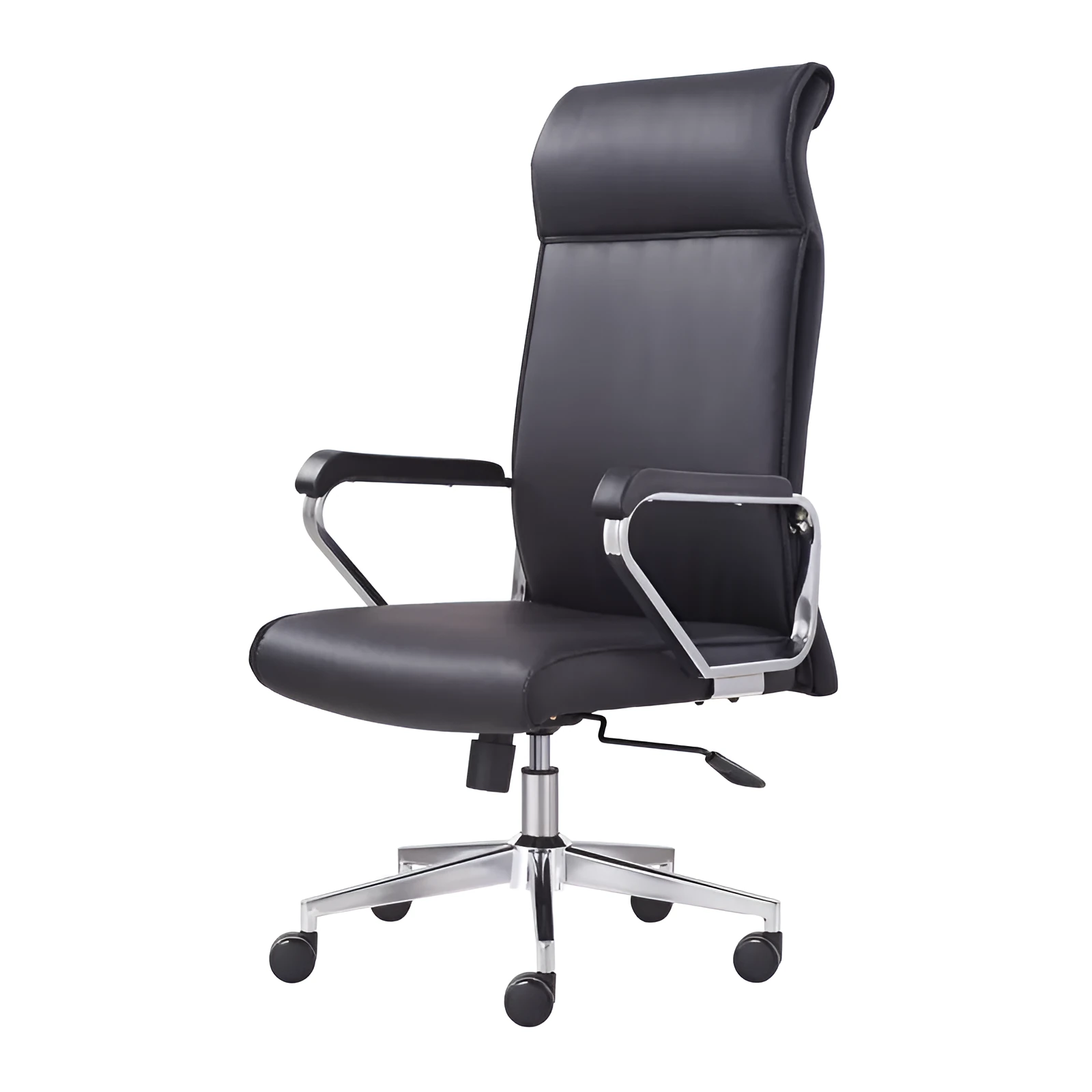 Black leather office chair with metal frame, armrests, and swivel base on a wooden floor