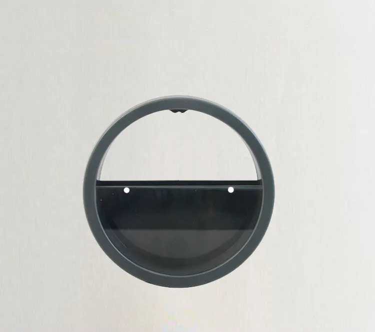 Round iron wall vase in black hanging on a wall with a succulent plant inside