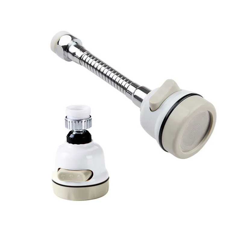 White and grey ABS faucet booster shower attachment with 3-mode spray and 360-degree rotation on round kitchen tap