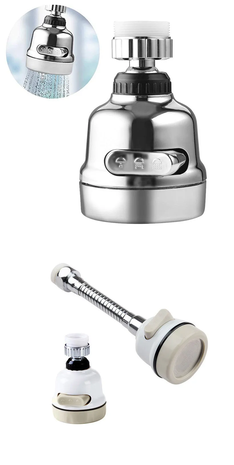 White and grey ABS faucet booster shower attachment with 3-mode spray and 360-degree rotation on round kitchen tap