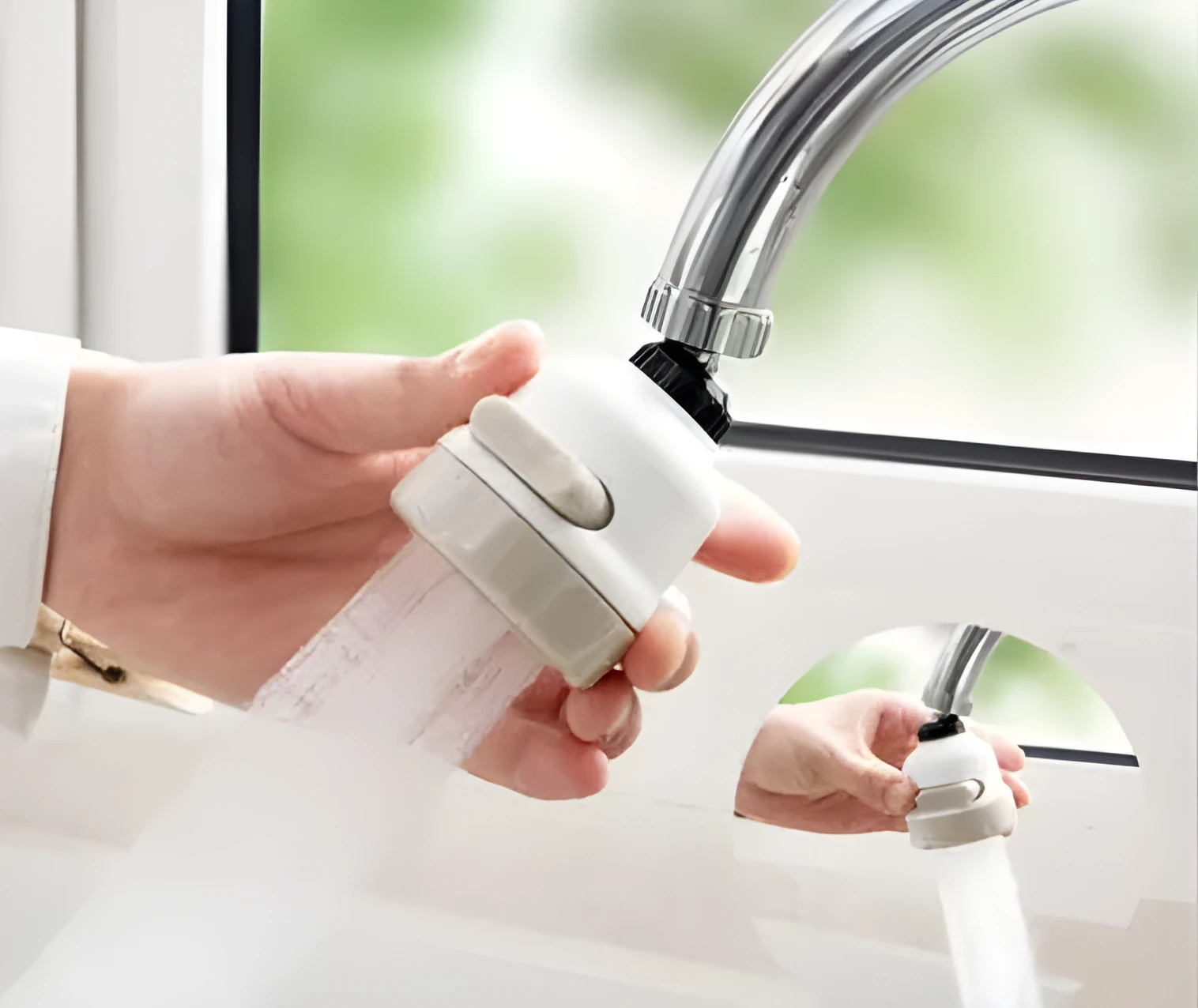 White and grey ABS faucet booster shower attachment with 3-mode spray and 360-degree rotation on round kitchen tap