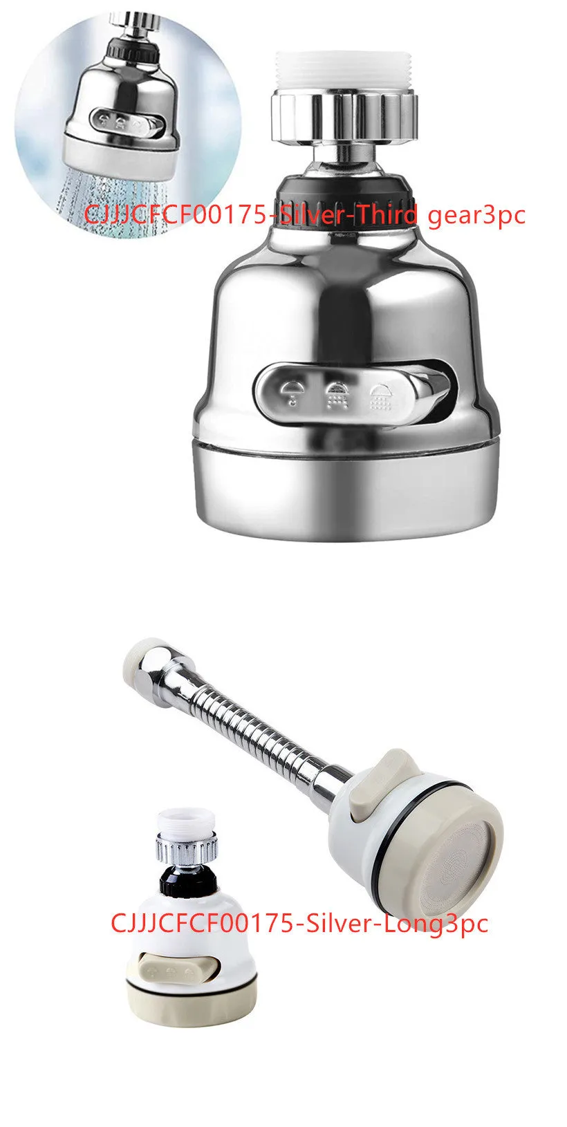 White and grey ABS faucet booster shower attachment with 3-mode spray and 360-degree rotation on round kitchen tap