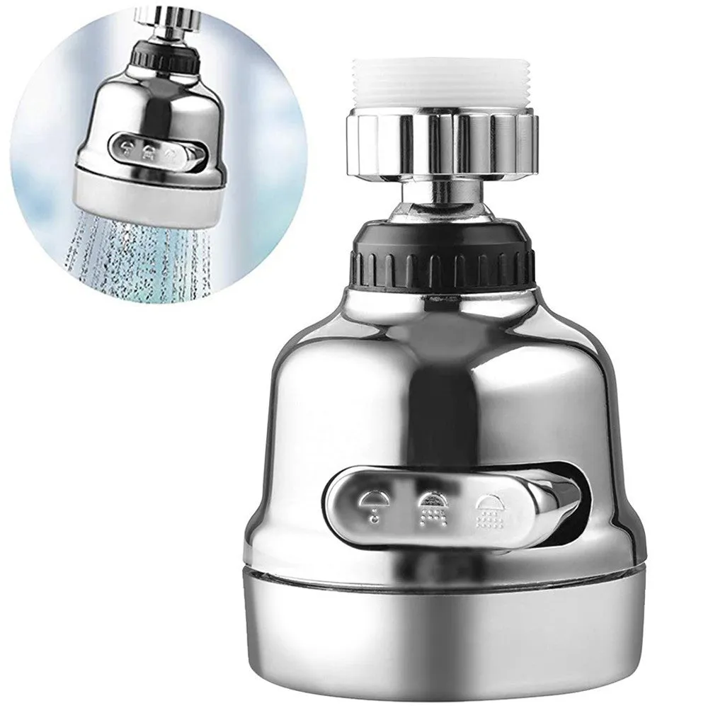 White and grey ABS faucet booster shower attachment with 3-mode spray and 360-degree rotation on round kitchen tap