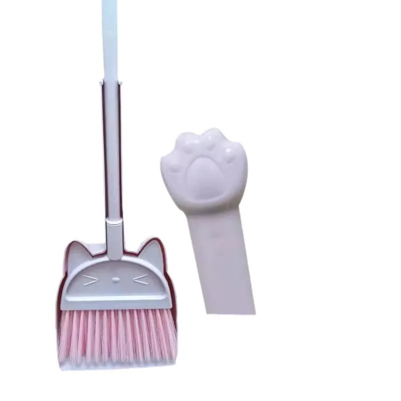 Purple, green and beige broom with dustpan set featuring rotating brush holder
