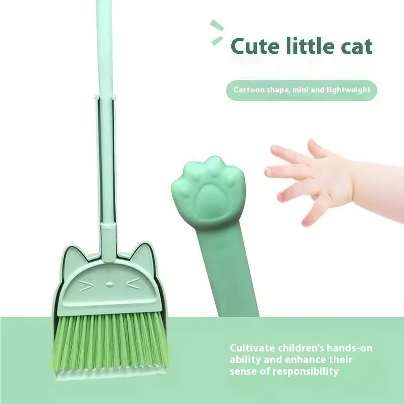 Purple, green and beige broom with dustpan set featuring rotating brush holder