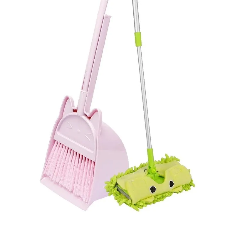 Purple, green and beige broom with dustpan set featuring rotating brush holder
