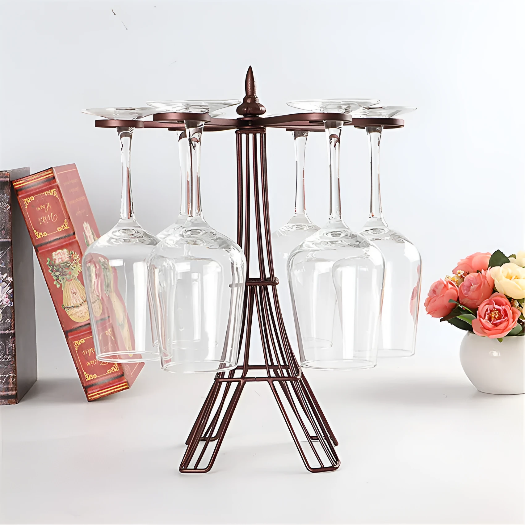 Bronze iron wine glass holder on countertop with welded frame, 26x15x33cm