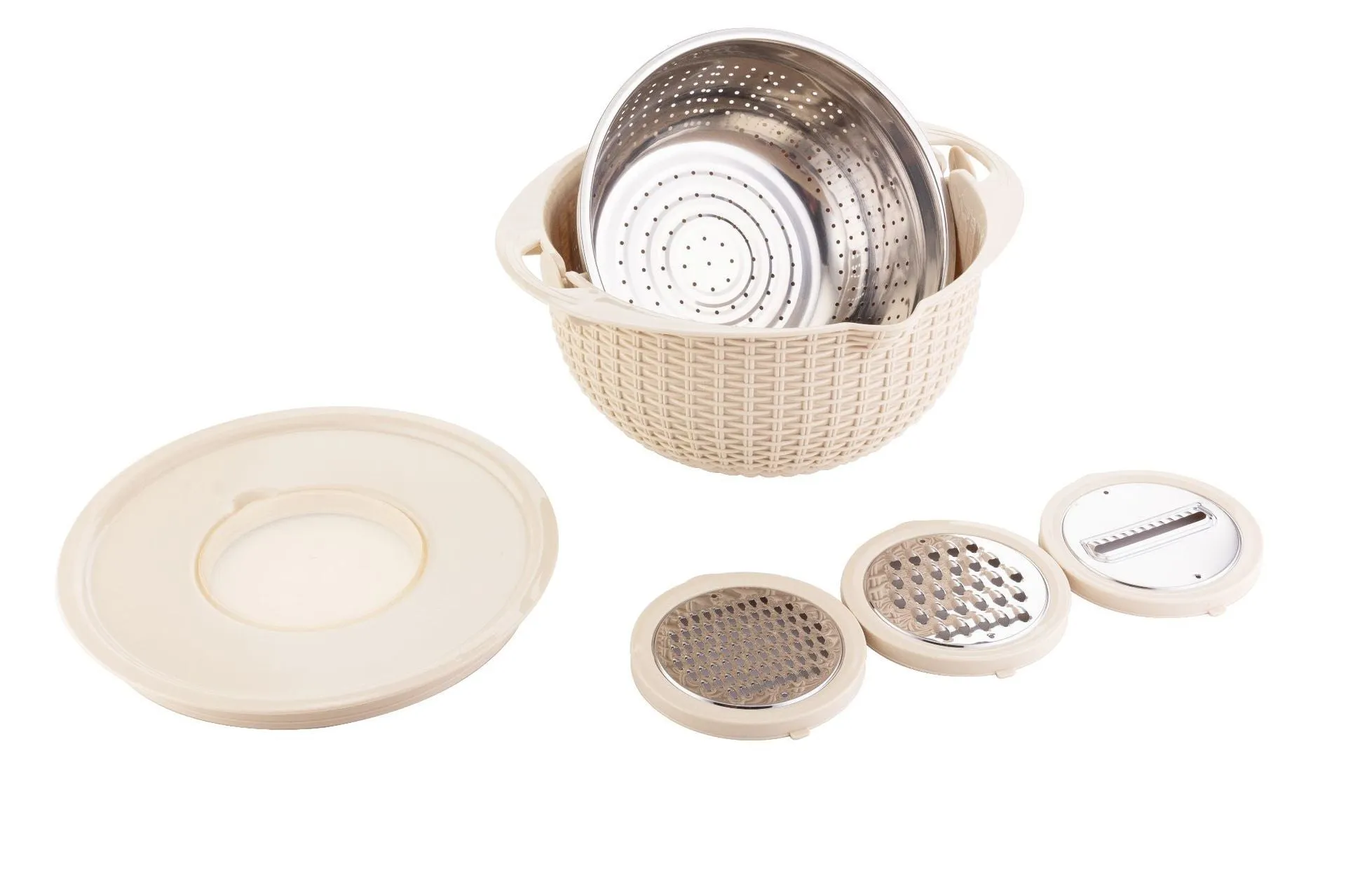 Rotatable 4-in-1 kitchen draining basket with stainless steel blades in Nordic colour on a countertop
