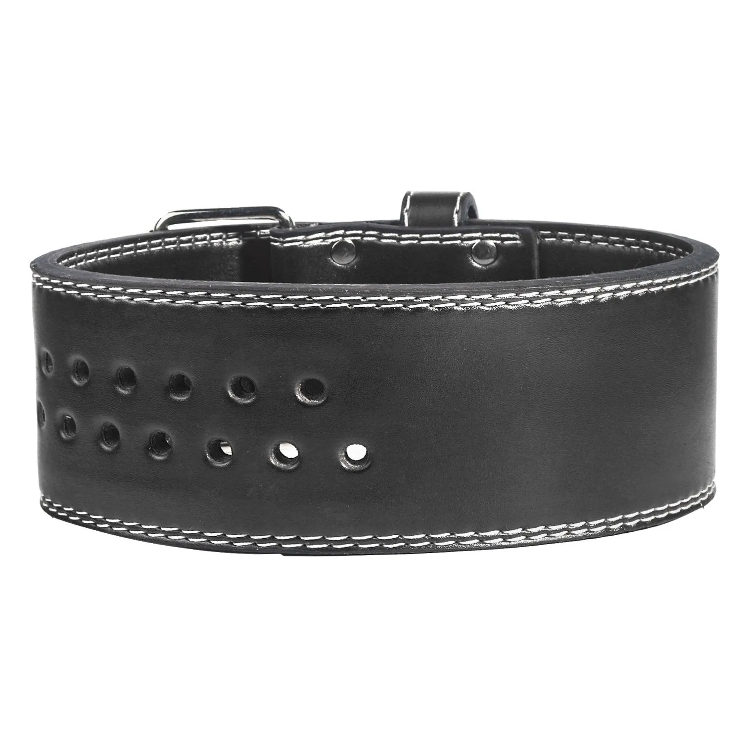 Black PU weightlifting belt with buckle, placed on gym floor for squat and deadlift training.