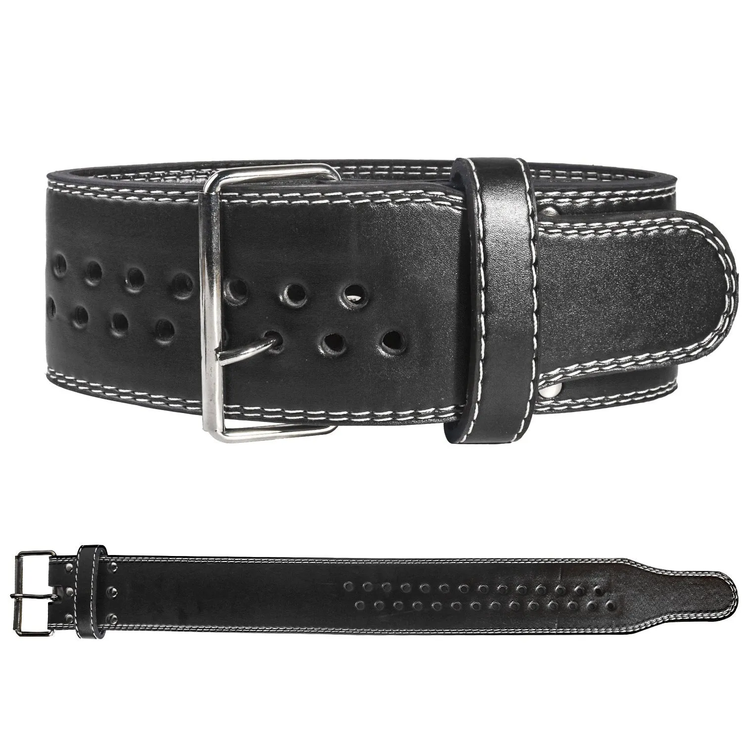 Black PU weightlifting belt with buckle, placed on gym floor for squat and deadlift training.