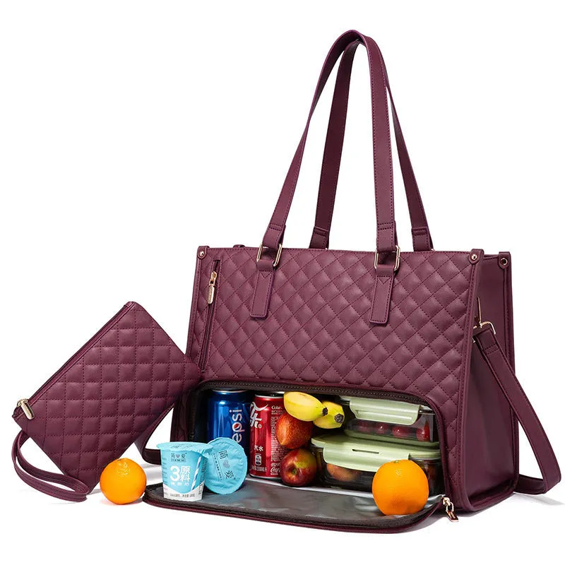 Quilted lunch tote bag for women with thermal insulation, laptop compartment, matching wallet, in black, front view