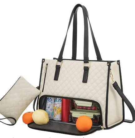 Quilted lunch tote bag for women with thermal insulation, laptop compartment, matching wallet, in black, front view