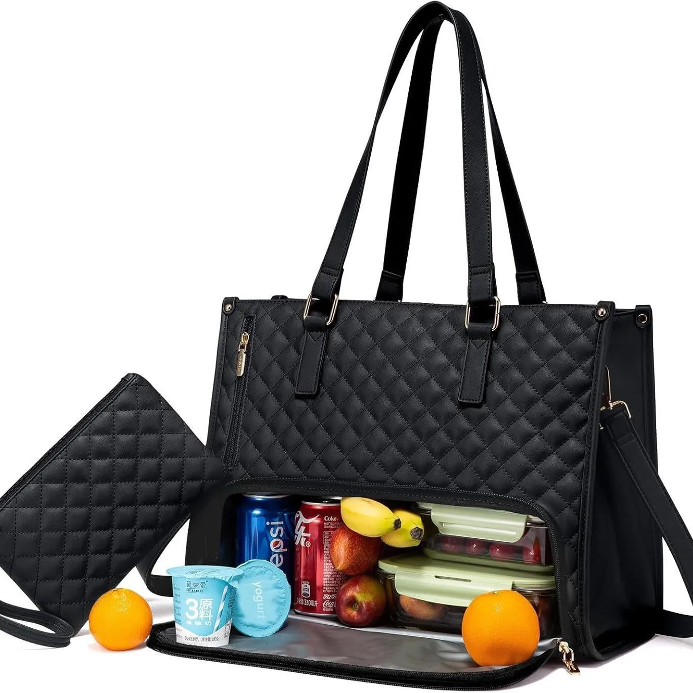 Quilted lunch tote bag for women with thermal insulation, laptop compartment, matching wallet, in black, front view