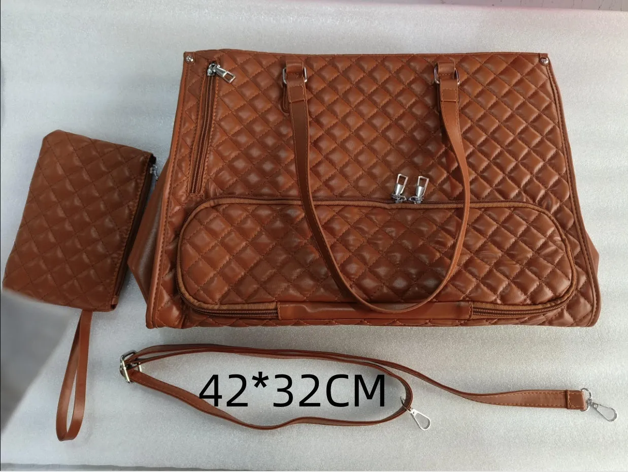 Quilted lunch tote bag for women with thermal insulation, laptop compartment, matching wallet, in black, front view