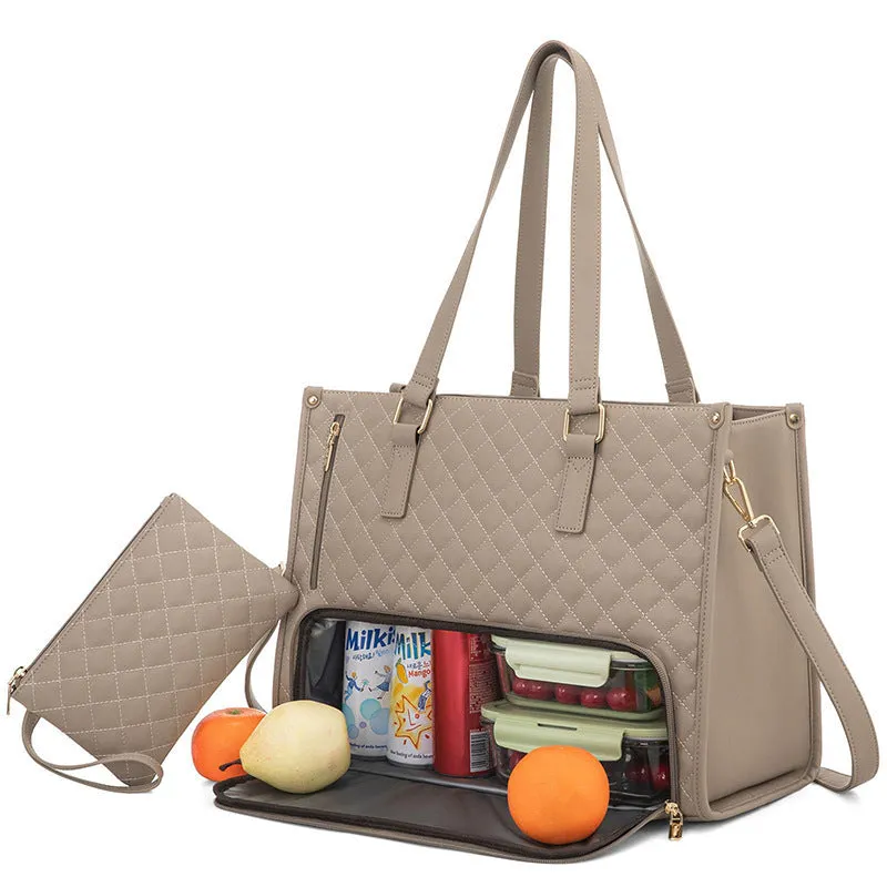 Quilted lunch tote bag for women with thermal insulation, laptop compartment, matching wallet, in black, front view