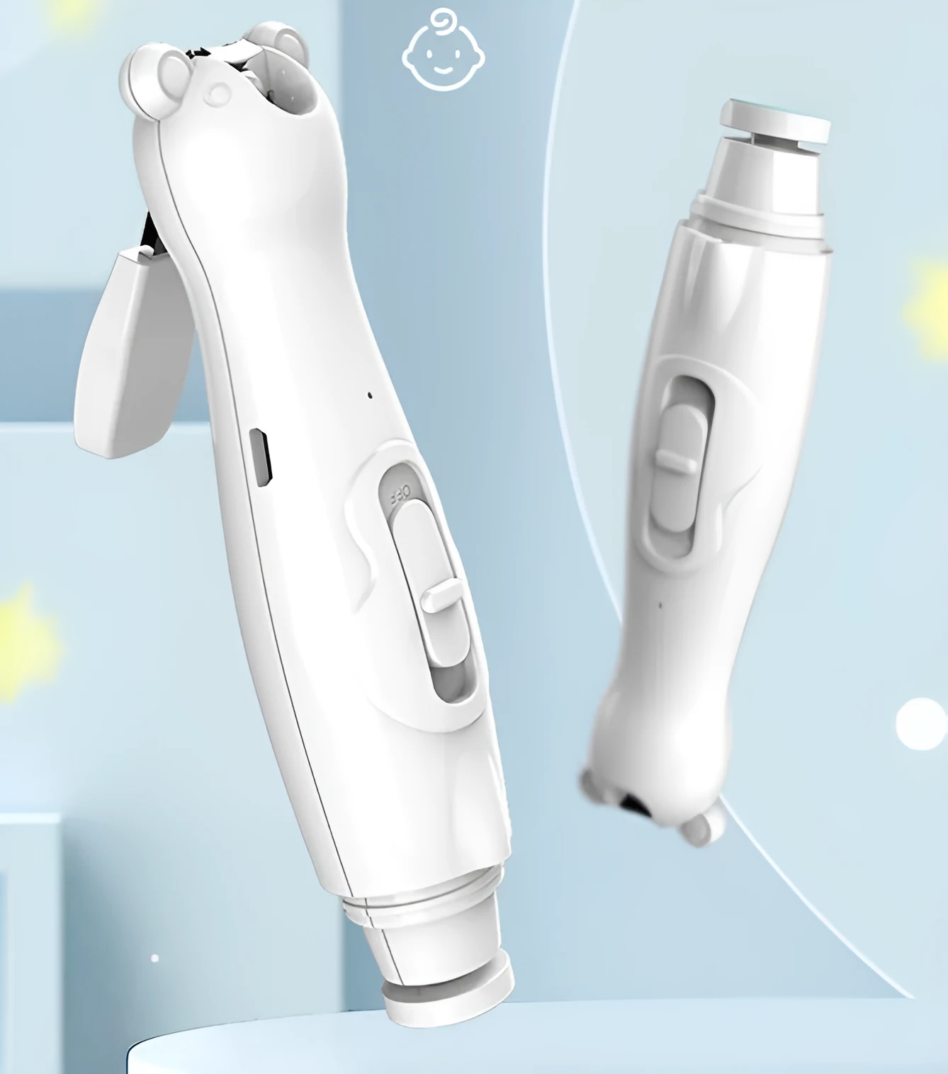 Green electric baby nail clippers with 6 grinding heads and USB charging cable