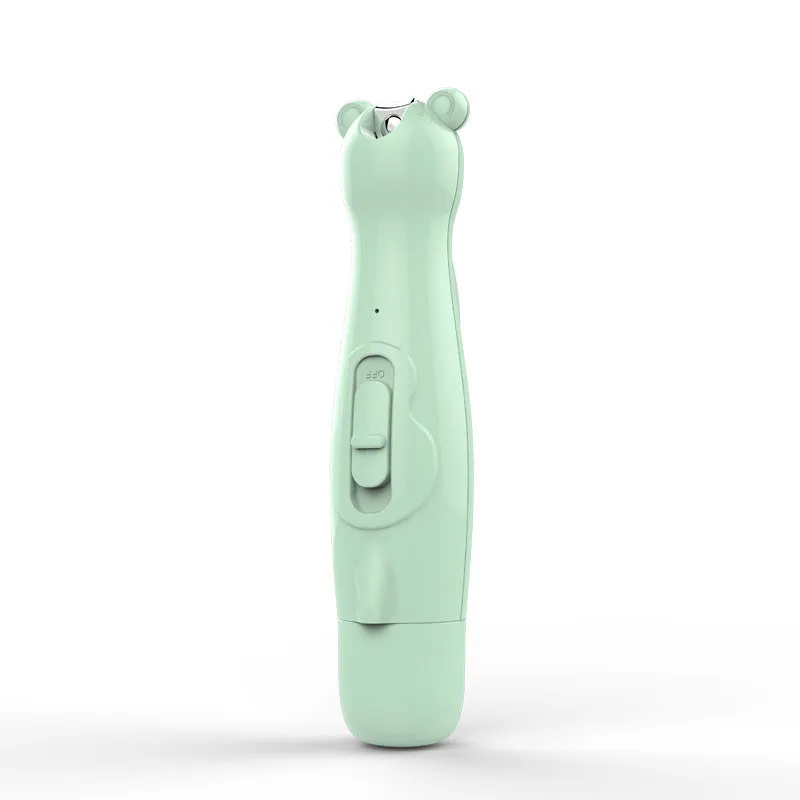 Green electric baby nail clippers with 6 grinding heads and USB charging cable