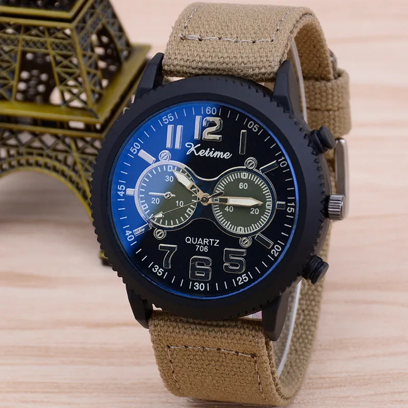 Men's fashion wristwatch with cloth band, quartz movement, 48mm zinc alloy dial, pointer display