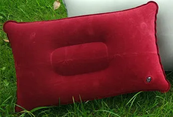 Rectangular PVC flocking inflatable camping pillow 38x24cm in grey on outdoor ground
