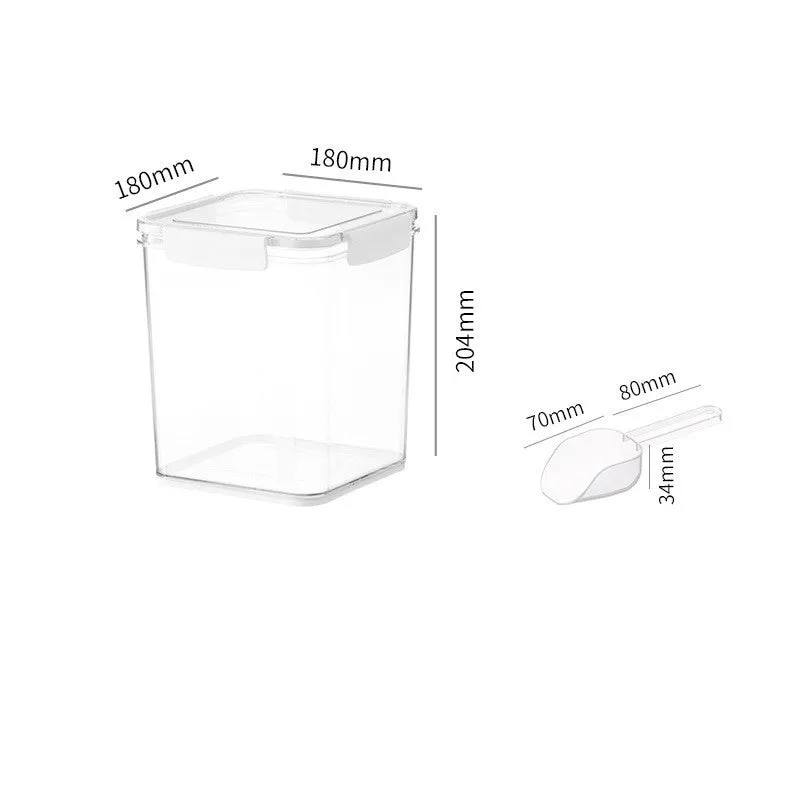 White sealed pet food storage bucket with silicone seal and scoop on shelf