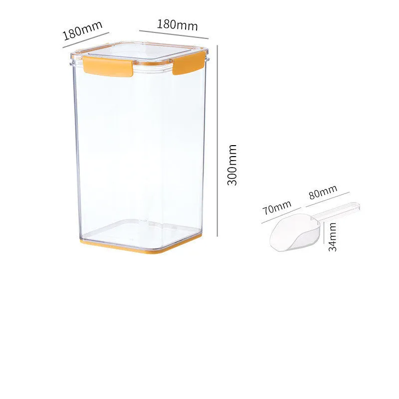 White sealed pet food storage bucket with silicone seal and scoop on shelf