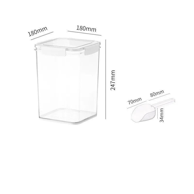 White sealed pet food storage bucket with silicone seal and scoop on shelf