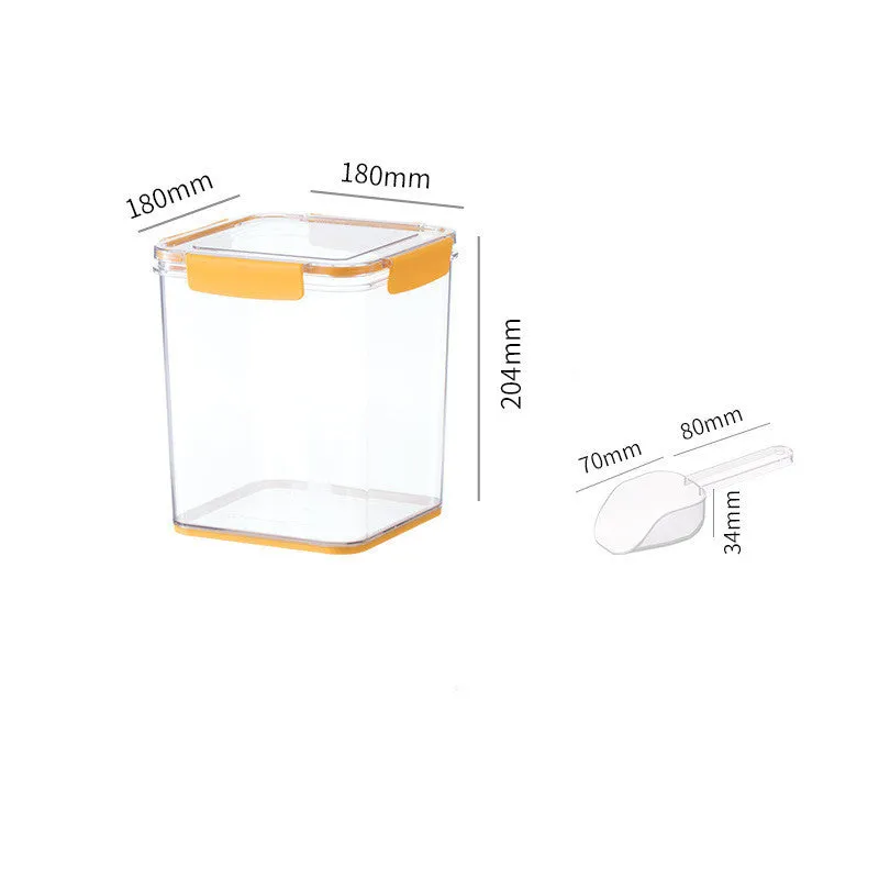 White sealed pet food storage bucket with silicone seal and scoop on shelf