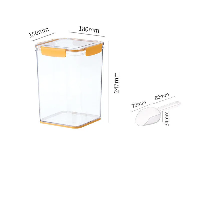 White sealed pet food storage bucket with silicone seal and scoop on shelf