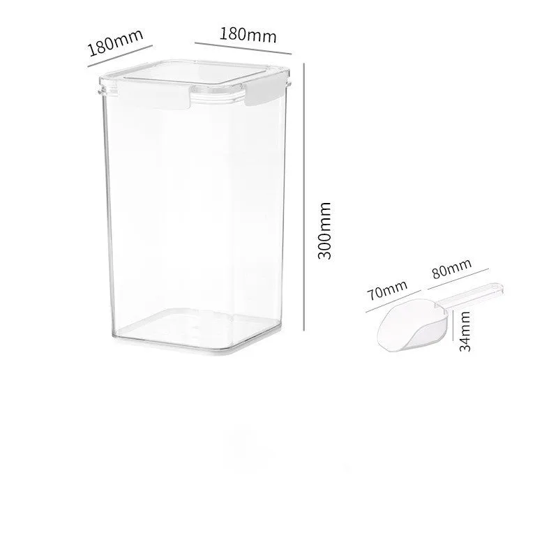 White sealed pet food storage bucket with silicone seal and scoop on shelf