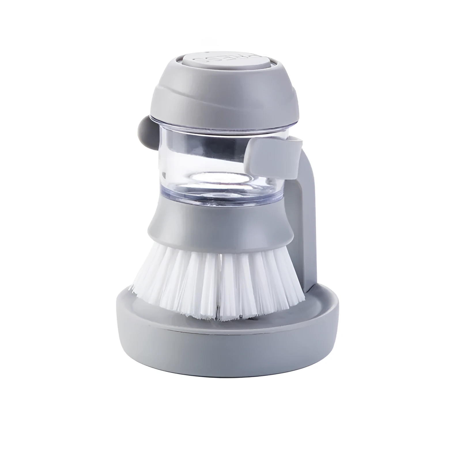 Automatic liquid adding cleaning brush in grey, with scraper edge and compact hand-held design