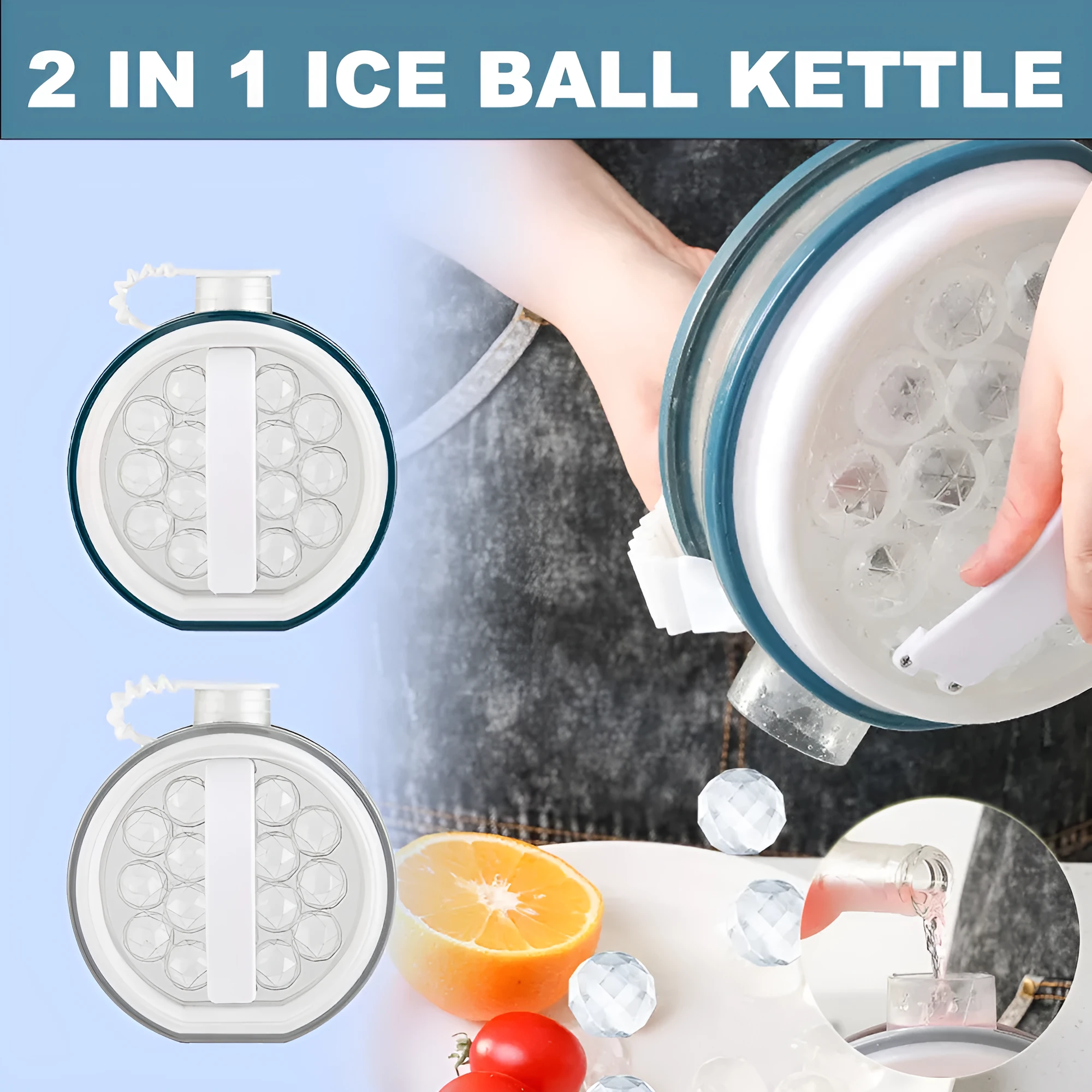 Blue 800ml portable creative ice bottle with handle and lid on a light background
