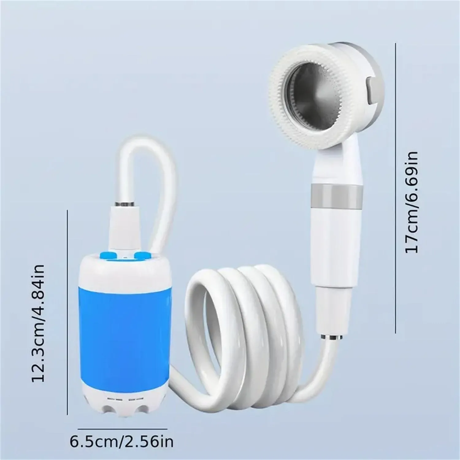 Portable outdoor camping electric shower with 5000mAh rechargeable battery, ABS plastic, IPX7 waterproof, two water output modes, includes pump, showerhead, and shower rack