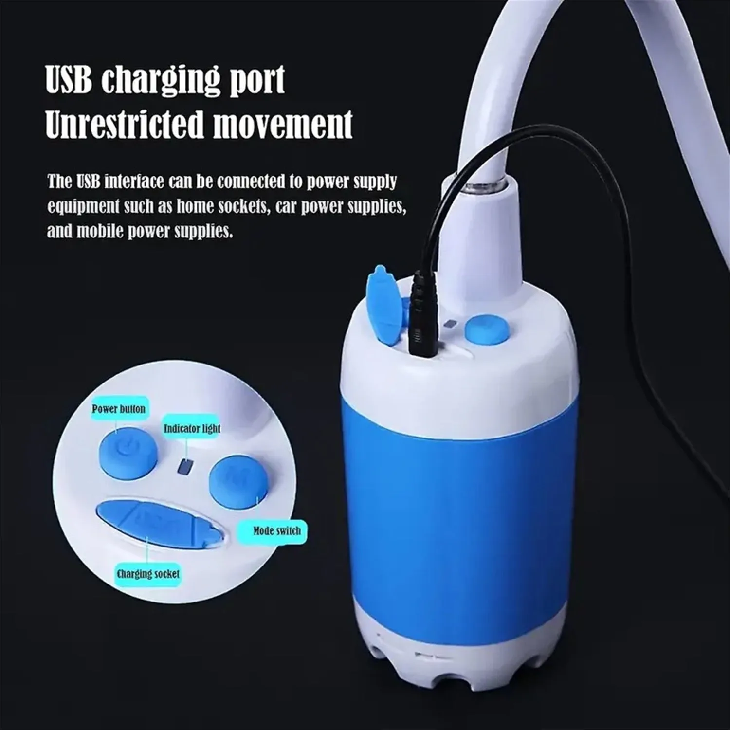 Portable outdoor camping electric shower with 5000mAh rechargeable battery, ABS plastic, IPX7 waterproof, two water output modes, includes pump, showerhead, and shower rack
