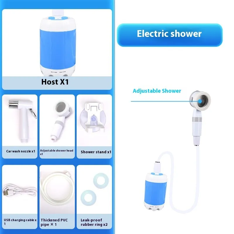 Portable outdoor camping electric shower with 5000mAh rechargeable battery, ABS plastic, IPX7 waterproof, two water output modes, includes pump, showerhead, and shower rack