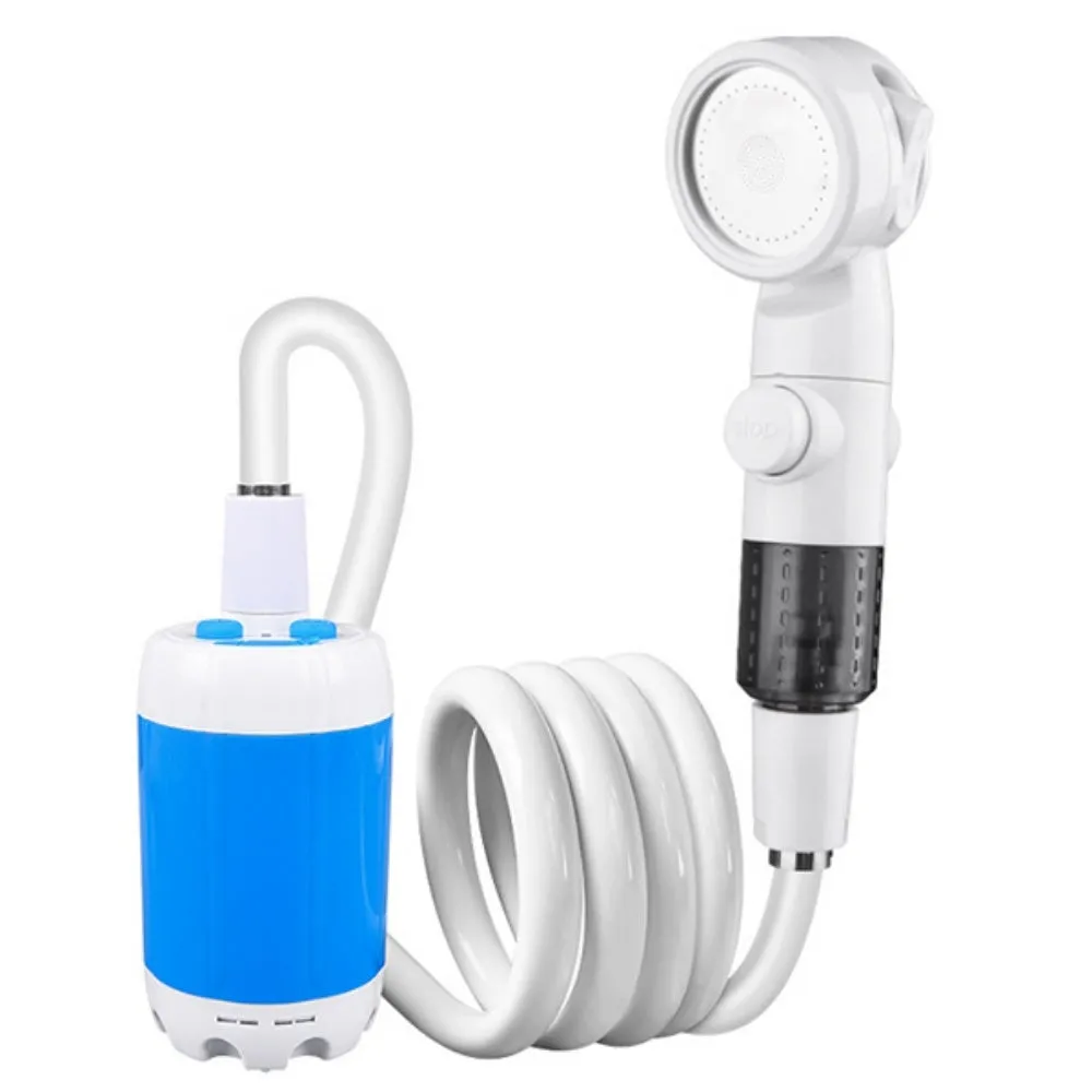 Portable outdoor camping electric shower with 5000mAh rechargeable battery, ABS plastic, IPX7 waterproof, two water output modes, includes pump, showerhead, and shower rack